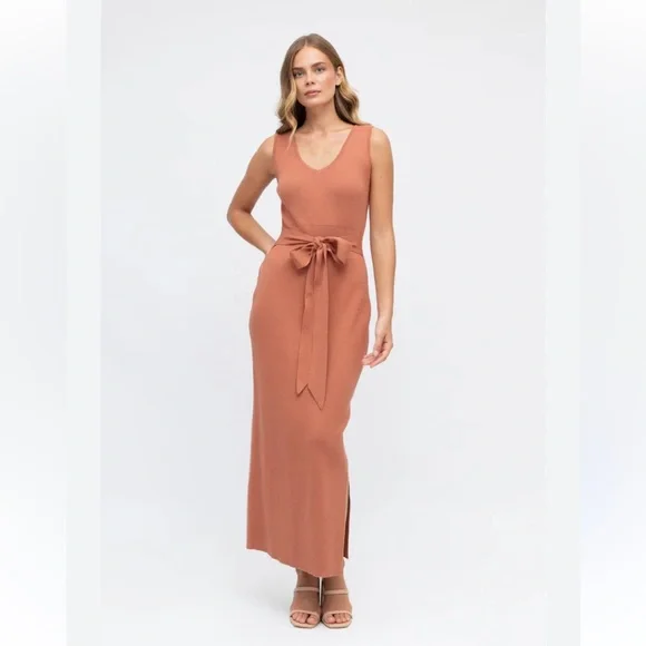 Forever 21 Chestnut Spice Ribbed Belted V Neck Bodycon Midi Maxi Dress